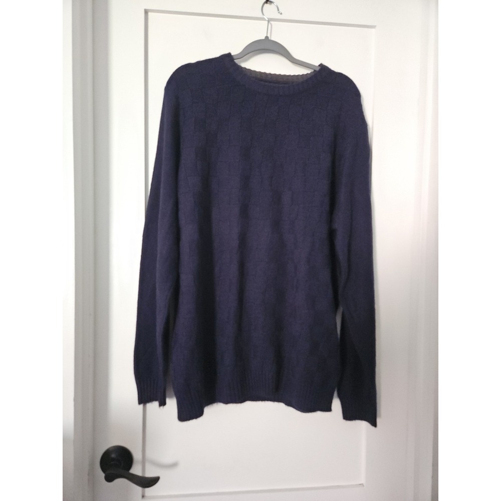 Geoffrey Beene Men XL Crewneck Knit Sweater Navy Blue Checkerboard Block Soft